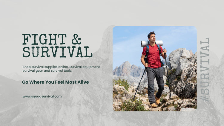 Person with survival gear in a mountainous landscape, promoting Squad Survival.