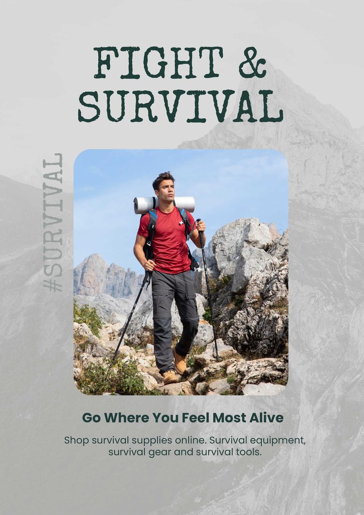 Person with backpack and hiking poles on rocky terrain with '#Survival' text overlay